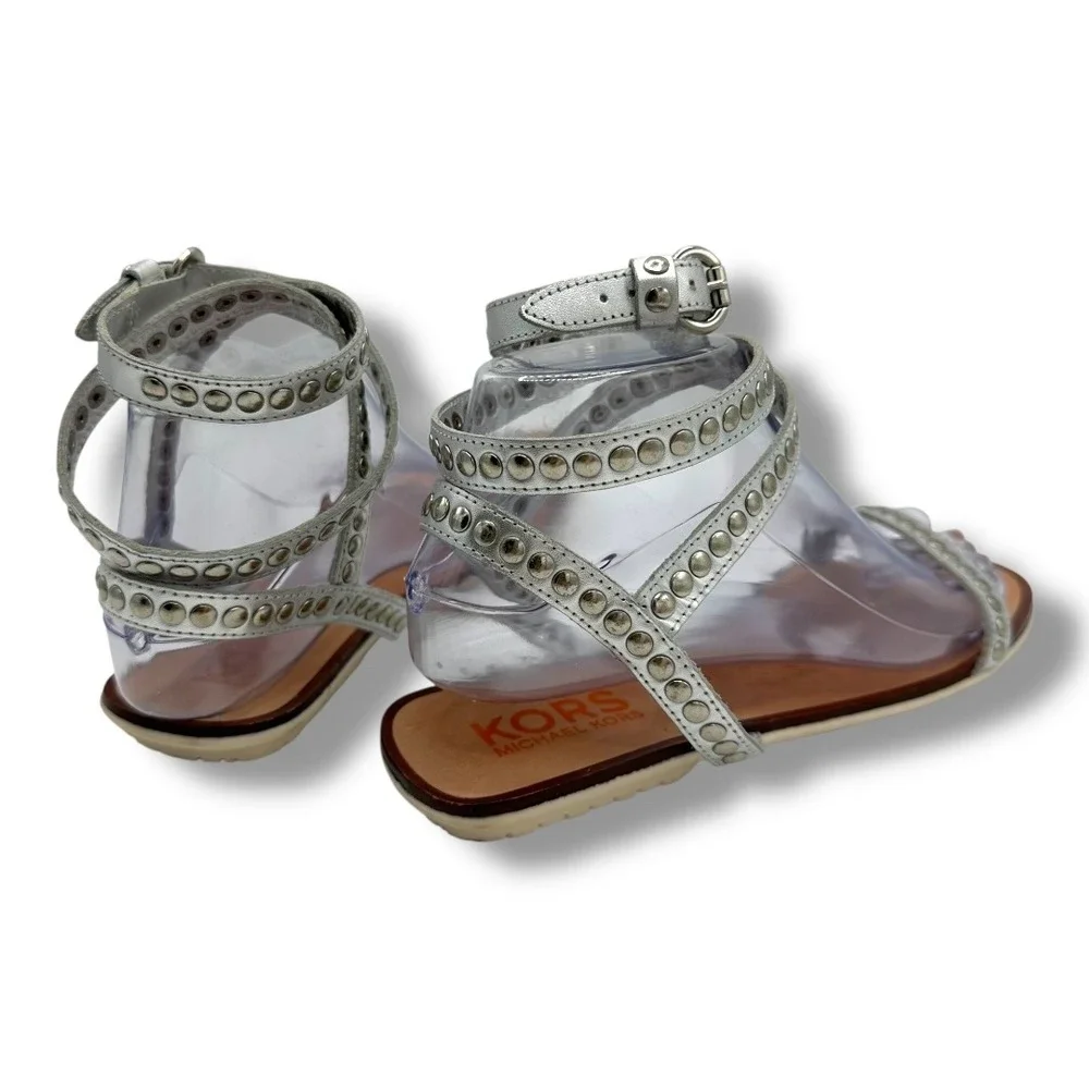 MICHAEL KORS Silver Studded Ankle Strap Flat Sandals Women's‎ Size 9